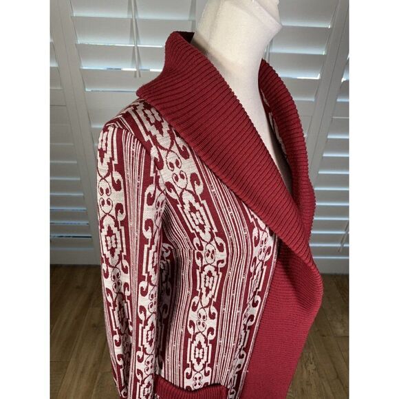 Vtg 1950s Dimonelli Maroon Geo Print Open Front Cardigan M Ribbed Pockets Prop - Picture 6 of 12